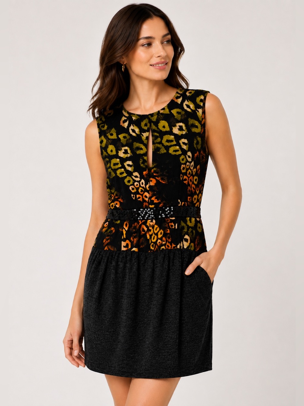 Rachel Roy | Black with Green, Orange and Cream Animal Print Dress | Size 2